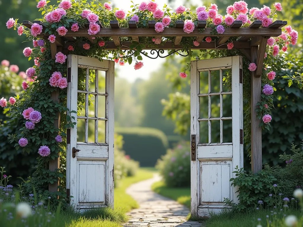 Vintage Door Garden Archway with Climbing Roses - Enchanting garden archway made from two weathered vintage white-painted doors standing upright, connected at the top by an ornate wooden pergola crossbeam with scrollwork details. Pink climbing roses and purple wisteria elegantly weave through the structure, with some blooms cascading down. Soft natural lighting filters through the flowers, creating a dreamy atmosphere. The doors maintain their original hardware and glass panels, which adds character. A rustic stone path leads through the archway, with lush cottage garden plants on either side. Photorealistic, high detail, cottage core aesthetic.