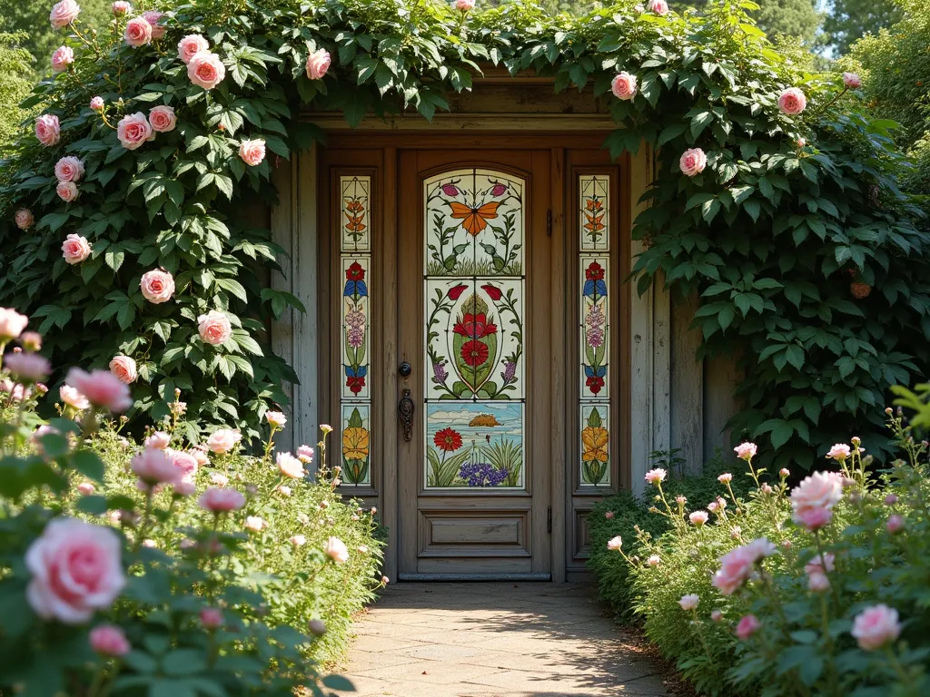 Vintage Door Garden Art Gallery - A weathered vintage wooden door transformed into an elegant outdoor art gallery, standing in a lush garden setting. The door's glass panels have been replaced with beautiful stained glass mosaics and framed botanical prints. Climbing roses and ivy gracefully frame the door, while soft afternoon sunlight filters through the artistic panels, casting colorful shadows on the garden path. The door features a mix of nature-inspired artwork, including pressed flowers, ceramic tile work, and painted scenes of garden landscapes, all protected behind weather-resistant glass. Photorealistic, high detail, magical garden atmosphere