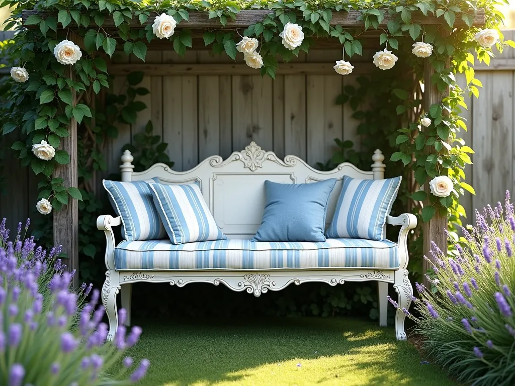 Rustic Door Garden Bench - A charming garden vignette featuring a vintage weathered white door repurposed as a horizontal garden bench, mounted on ornate wrought iron legs, styled in a cottage garden setting. The bench is adorned with plush French country-style cushions in soft blue and white stripes, accompanied by vintage throw pillows. Climbing roses and lavender frame the scene, with dappled sunlight filtering through overhead pergola. The bench is nestled among cottage garden flowers, creating a romantic, shabby chic seating area. Photorealistic, high detail, soft natural lighting.