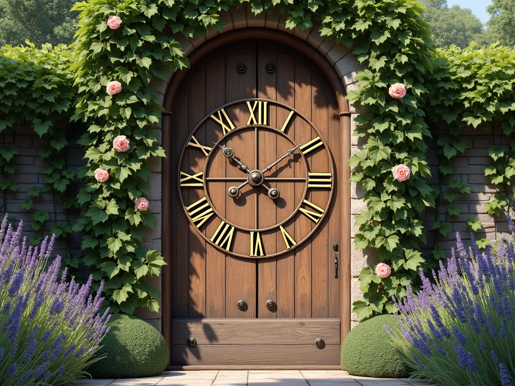 Vintage Door Garden Clock - A rustic vintage wooden door transformed into an elegant oversized garden clock, mounted in a lush garden setting. The door features ornate Victorian-style clock hands in aged brass, with large Roman numerals artfully painted in weathered gold. Climbing roses and ivy gracefully wind around the door's edges, while lavender and garden sage grow at its base. Soft afternoon sunlight casts dappled shadows across the weathered wood, creating a magical, timeless atmosphere. Photorealistic, high detail, architectural photography style.