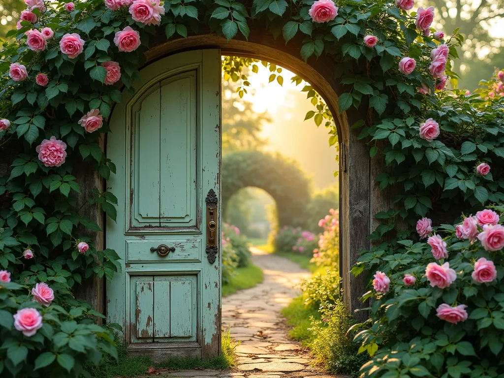 Enchanted Garden Gateway with Vintage Door - A weathered, antique wooden door frame painted in soft sage green with peeling paint, standing independently in a lush garden setting. Beautiful climbing pink roses and emerald ivy intertwine around the frame, creating an ethereal archway. The door opens to a mysterious, winding garden path that disappears into a misty, flower-filled garden space beyond. Golden sunlight filters through the foliage, casting dappled shadows. The scene is captured during golden hour, giving it a magical, dreamy quality. Weathered brass hardware adds authentic vintage charm.