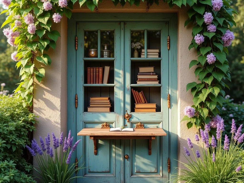 Rustic Garden Door Journal Station - A charming vintage weathered door mounted on a garden wall, transformed into an outdoor journaling station. The door features a weathered teal paint with exposed wood. A fold-down writing desk made from reclaimed wood is attached to the lower half, with brass hinges and support chains. The upper half has built-in shelves protected by small glass panes, displaying leather-bound garden journals and vintage botanical reference books. Small copper hooks hold garden tools and measuring instruments. Climbing jasmine frames the door, while potted lavender plants sit at its base. The scene is captured in warm late afternoon sunlight, creating a cozy and inviting atmosphere for garden journaling. Photorealistic style.