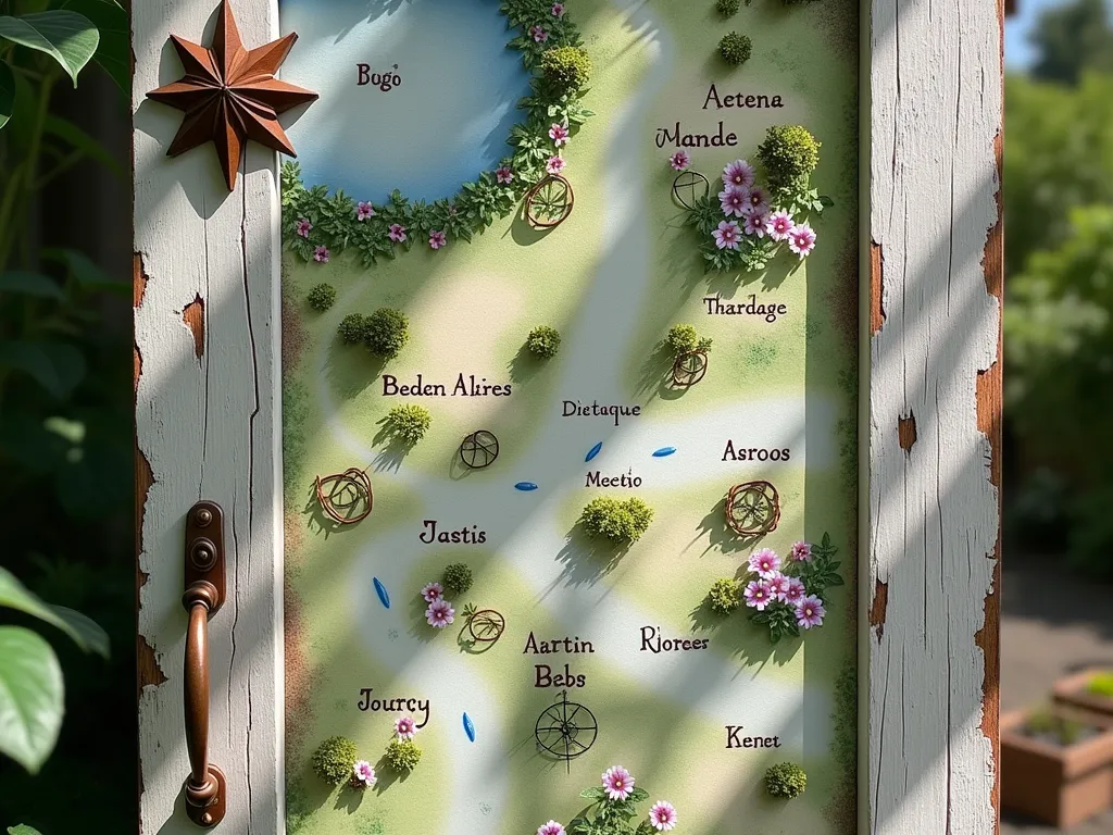 Vintage Door Garden Map Display - A rustic weathered wooden door transformed into an artistic garden map, painted with a bird's eye view layout of garden beds and pathways in soft watercolor style. The door features delicate botanical illustrations, labeled plant sections in elegant calligraphy, and small 3D wooden plant markers protruding from the surface. Decorative vintage-style compass rose in the corner, with miniature copper wire trellises and tiny preserved moss elements adding texture. Soft natural lighting casting gentle shadows across the door's surface, highlighting its artistic details and patina. Background shows glimpses of the actual garden it represents.