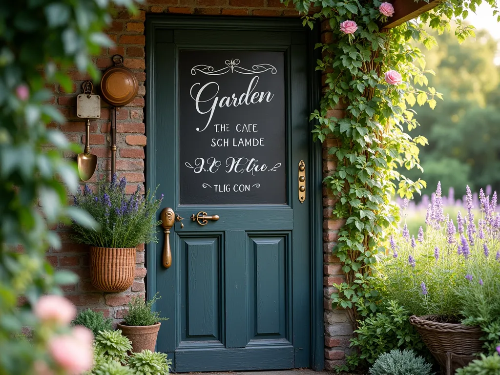 Vintage Door Garden Message Center - A rustic vintage door painted with matte black chalkboard paint, positioned against a lush garden backdrop with climbing roses and lavender. The door features elegant white chalk writing displaying a garden quote and planting schedule. Vintage brass hooks hold copper garden tools, terracotta plant markers, and a weathered woven basket filled with fresh herbs. Morning light filters through nearby trees, creating a dreamy atmosphere. Small potted succulents line the door's base, while vintage gardening scissors and twine hang decoratively from the hooks. The scene has a cottagecore aesthetic with a vintage filter quality.