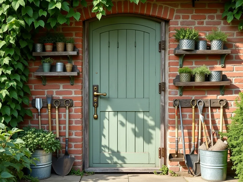 Vintage Door Garden Tool Organization Station - A weathered vintage wooden door mounted on a rustic brick garden wall, painted in sage green with distressed finish. Multiple vintage-style brass hooks, reclaimed wood shelves, and wire baskets artfully arranged on both sides. Garden tools like rakes, trowels, and pruning shears neatly organized and hanging from hooks. Small potted herbs on wooden shelves, with climbing ivy partially framing the door. Soft afternoon sunlight casting dappled shadows, creating a charming cottage garden atmosphere. Metal bucket holders containing garden twine and smaller tools. Professional composition with shallow depth of field.