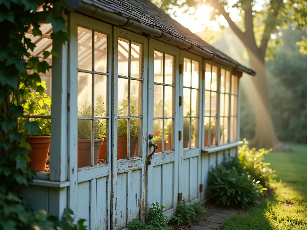 Vintage Door Greenhouse Wall - A charming rustic greenhouse wall made from reclaimed white-painted French doors with glass panels, arranged in a row to form one side of a small greenhouse. Soft morning sunlight streams through the glass panes, creating a dreamy atmosphere. Inside, potted herbs and vintage terra cotta containers are visible. The doors feature weathered patina and antique brass hardware. English ivy gracefully climbs one corner, while the surrounding garden shows cottage-style plantings. The scene is captured in a romantic, ethereal style with a shallow depth of field.