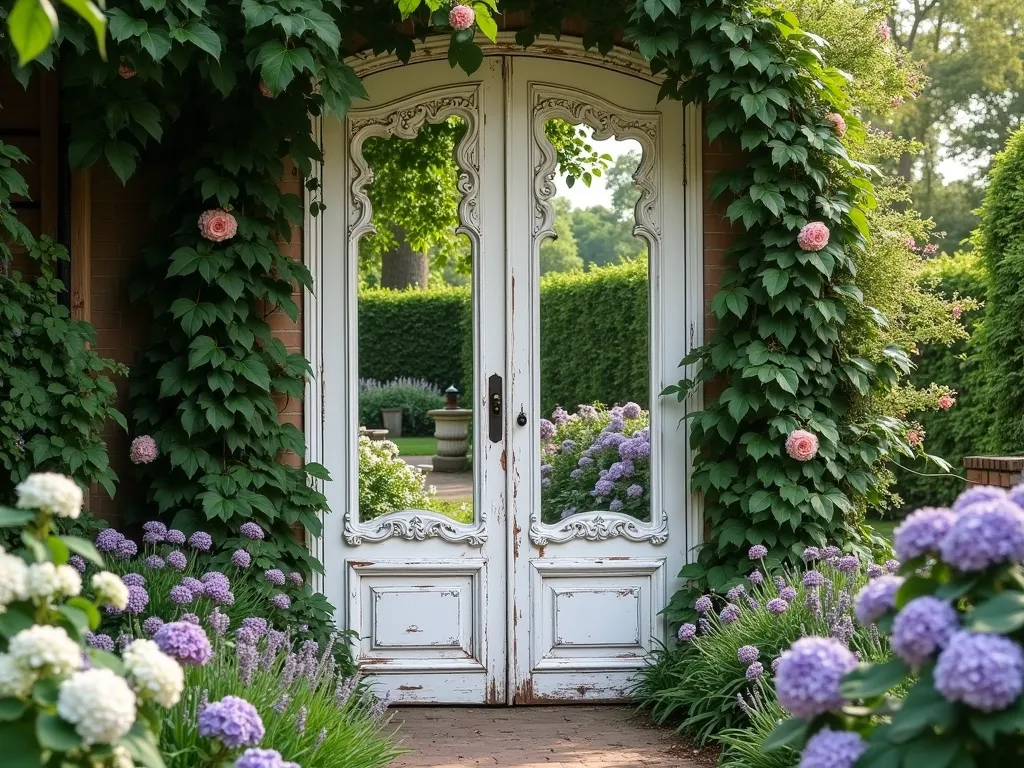 Vintage Door Mirror Garden Illusion - A charming vintage wooden door frame in weathered white paint, with its panels replaced by ornate antique mirrors, stands elegantly in a cottage garden setting. The mirrors reflect lush greenery, climbing roses, and hydrangeas, creating a magical illusion of depth. Soft morning light filters through nearby trees, casting dappled shadows across the door's surface. The mirrors capture and multiply images of surrounding garden paths, flowering borders, and garden furniture, making the space appear twice as large. Delicate ivy tendrils curl around the door frame, while lavender plants soften its base.