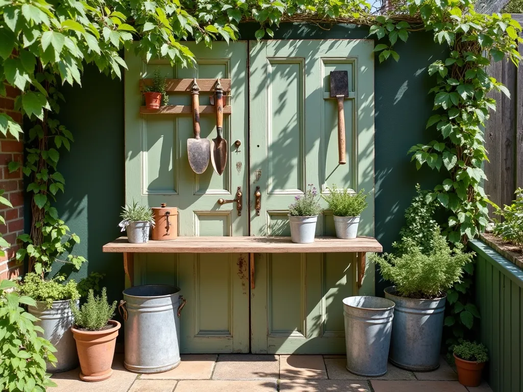 Rustic Door Potting Station with Vintage Charm - A charming garden vignette featuring a weathered vintage wooden door repurposed as a potting station backdrop, painted in soft sage green with distressed details. A fold-down wooden shelf extends from the door creating a practical workspace, decorated with terracotta pots and garden tools. Antique brass hooks display hanging garden tools, while original door hardware adds character. Galvanized metal containers hold soil and supplies. Natural sunlight filters through, casting dappled shadows across the workspace. Small potted herbs and seedlings line the shelf, while climbing jasmine frames the edges. Styled with vintage gardening accessories and weathered zinc planters for a cohesive cottage garden aesthetic.