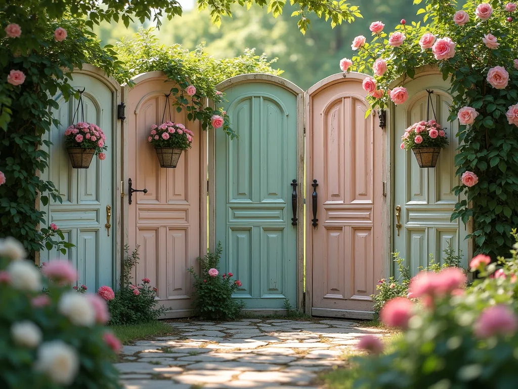 Vintage Door Garden Privacy Screen with Climbing Vines - A charming outdoor garden scene featuring a zigzag arrangement of weathered vintage doors in soft pastel colors, creating an artistic privacy screen. The doors are connected at angles, with romantic climbing roses and flowering clematis vines gracefully winding up the frames. Hanging baskets filled with cascading petunias and ivy accent the doors. Dappled sunlight filters through, casting intricate shadows on a natural stone path below. Soft bokeh effect, magical garden atmosphere, photorealistic style.