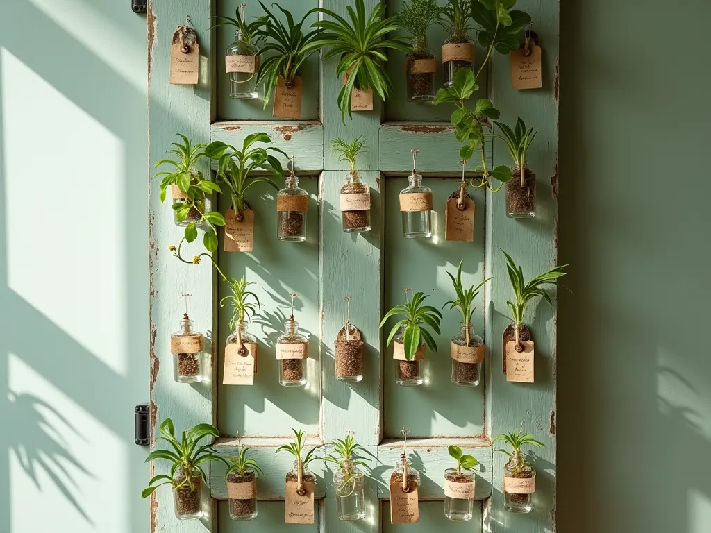 Vintage Door Plant Propagation Display - A rustic vintage wooden door mounted vertically against a soft sage green wall, transformed into an elegant propagation station. Multiple rows of small glass bottles and vintage apothecary jars are attached across the door panels, filled with clear water and growing plant cuttings at various stages of root development. Delicate stems with fresh leaves emerge from the vessels, creating a living botanical display. Handwritten kraft paper labels with botanical names hang beside each container. Soft natural light filters through the scene, creating gentle shadows and highlighting the water-filled vessels. The door's original peeling paint and weathered hardware add character, while small tendrils of pothos, philodendron, and monstera cuttings create a harmonious green display.