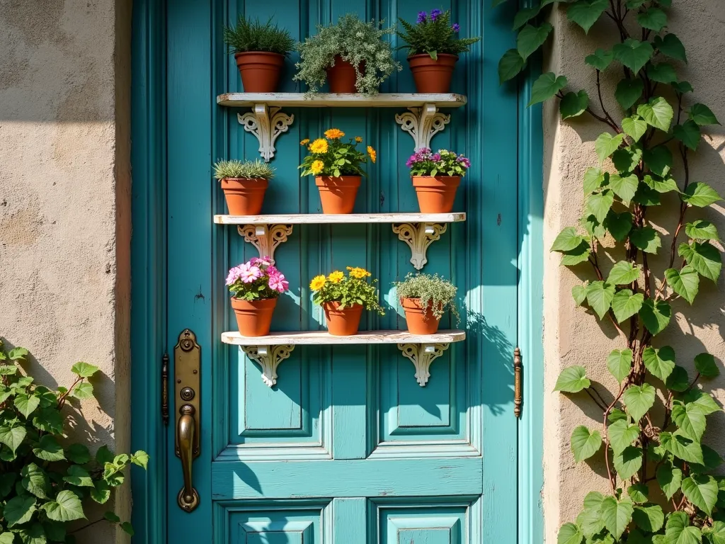 Vintage Door Garden Shelf Display - A charming weathered door painted in vibrant turquoise blue, transformed into a vertical garden display against a rustic garden wall. Multiple white-painted wooden shelves span across the door at varying heights, adorned with colorful terracotta pots containing cascading petunias, succulents, and ferns. Ornate wrought iron brackets support each shelf, adding vintage character. Soft natural lighting casts gentle shadows, while ivy gently climbs the edges of the door frame. The door's original hardware remains intact, adding authenticity to the upcycled garden feature. Photorealistic, high detail, cottage core aesthetic.