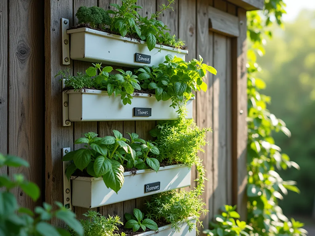 Vintage Door Vertical Herb Garden - A rustic weathered wooden door transformed into a vertical herb garden, mounted against a sun-dappled garden wall. Five horizontal rows of white metal guttering are attached to the door, filled with lush herbs in varying shades of green. Handwritten chalk labels on small black boards identify herbs like basil, thyme, rosemary, and mint. Small drainage holes visible along the guttering. Trailing herbs cascade over the edges, creating a living tapestry. Soft natural lighting highlights the organic textures and vintage character of the door, with a subtle bokeh effect in the background. Photorealistic, high detail, garden photography style.