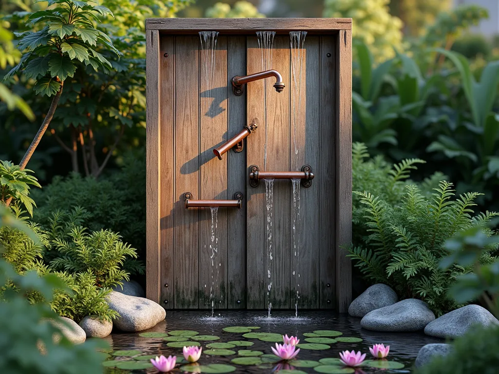 Vintage Door Garden Waterfall - A weathered vintage wooden door standing vertically in a lush garden setting, transformed into an elegant water feature. Water cascades gracefully down copper pipes mounted on the door's surface, creating a zen-like waterfall effect. Small streams trickle down antique copper spouts arranged artistically across the door's panels. At the base, a natural stone pond filled with water lilies collects the falling water, surrounded by natural rocks and ferns. Soft evening lighting illuminates the falling water, creating a magical atmosphere. Photorealistic, high detail, magical garden atmosphere, 4K, cinematic lighting