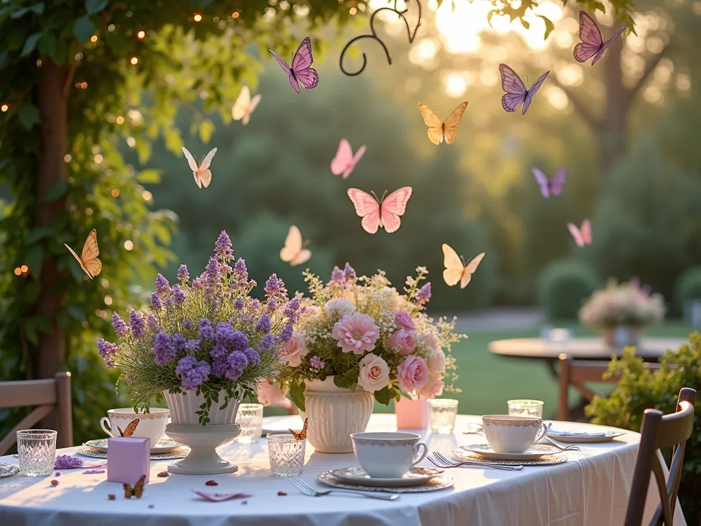 Enchanted Butterfly Garden Baby Shower - A dreamy late afternoon garden scene showing an intimate patio setting decorated for a baby shower, with dappled sunlight filtering through trees. Delicate paper butterflies in soft pastel colors float on invisible strings between vintage-style shepherd's hooks, creating a magical canopy effect. Below, an elegant table setting features vintage teacups and floral arrangements with blooming lantana and butterfly bush in lavender and pink hues. Scattered butterfly-themed place cards rest on crystal plates, while real butterflies dance around the flowering plants. The scene is captured from a slight elevated angle, showcasing the entire tablescape against a backdrop of lush garden greenery and string lights beginning to twinkle in the golden hour light.