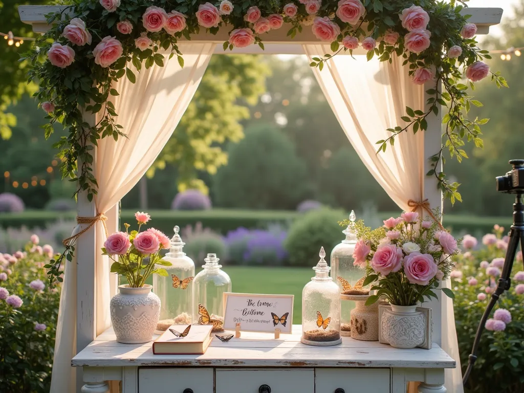 Enchanted Butterfly Release Garden Station - A dreamy late afternoon garden scene featuring an elegantly decorated butterfly release station. A white vintage-style gazebo adorned with flowing tulle fabric and climbing pink roses serves as the focal point. Crystal-adorned butterfly nets rest on a rustic wooden table alongside delicate glass terrariums containing live butterflies. Soft natural light filters through surrounding flowering dogwood trees, creating a magical atmosphere. The station includes elegant botanical illustrations of butterflies and handwritten calligraphy cards explaining butterfly symbolism. Professional cameras on decorative tripods are positioned nearby. The backdrop features a lush garden with hydrangeas, lavender, and butterfly bushes in full bloom. Shot with shallow depth of field focusing on the release station, with bokeh effects from fairy lights strung overhead.