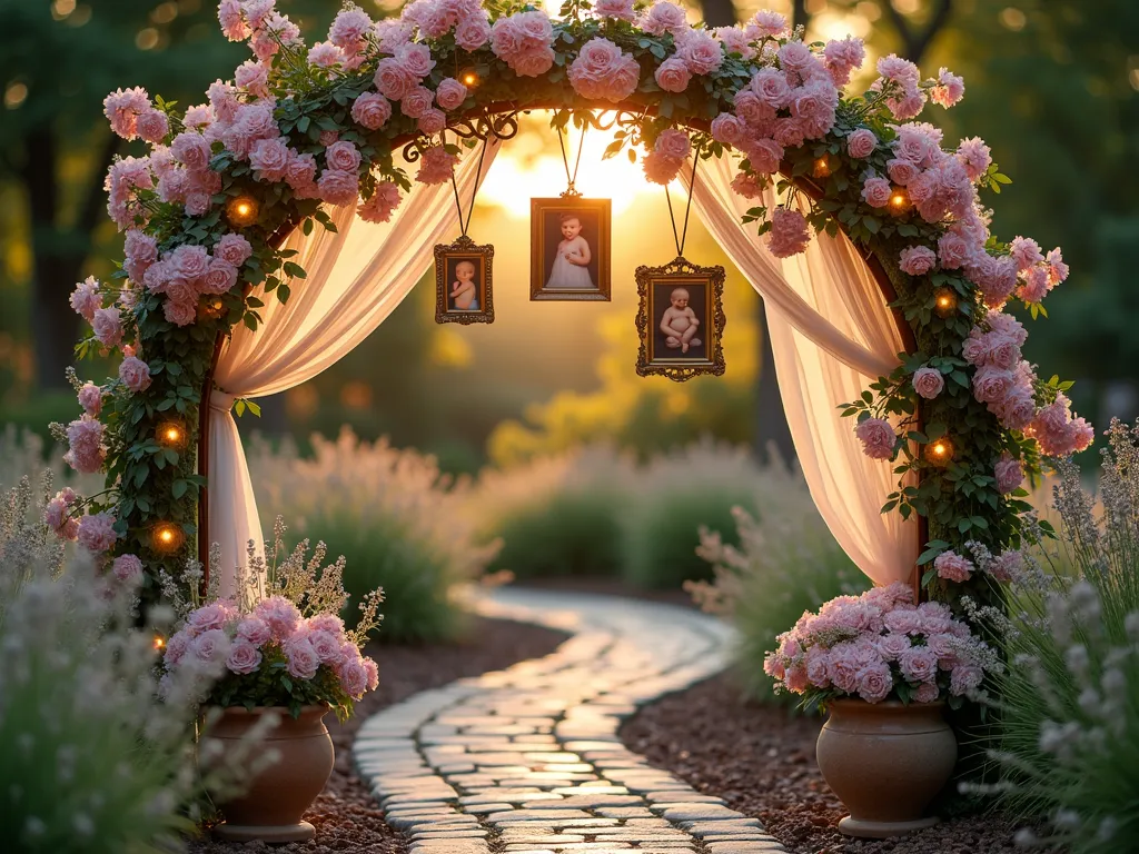 Enchanted Garden Baby Shower Entrance - A dreamy twilight photograph of a magical garden arch entrance, shot with a 16-35mm lens at f/2.8, ISO 400. Delicate pink climbing roses and white wisteria intertwine around a vintage-style wrought iron arch, illuminated by warm golden fairy lights. Sheer ivory chiffon fabric billows gently in the breeze, creating an ethereal atmosphere. Antique gold frames of varying sizes hang from branches at different heights, displaying sepia-toned baby photos and ultrasound images. A winding stone pathway leads through the arch, lined with weathered terra cotta pots filled with blooming hydrangeas, lavender, and baby's breath. Soft bokeh effect in the background reveals glimpses of a garden party setting, with the golden hour sun casting a magical glow through the trees.