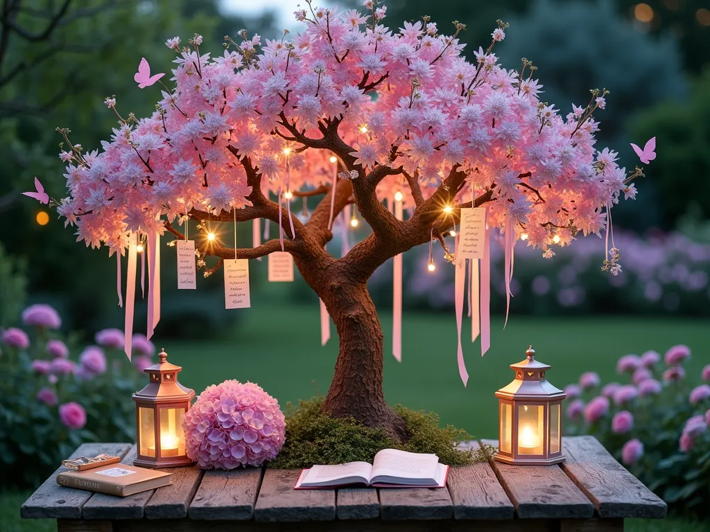 Enchanted Garden Book Wishing Tree at Twilight - A magical twilight garden scene featuring a graceful Japanese maple tree transformed into a wishing tree, its delicate branches adorned with twinkling fairy lights and pastel paper flowers. Soft pink and lavender ribbons cascade from the branches, each holding vintage-style cards with handwritten book recommendations and wishes. The tree is centered on a weathered wooden deck, surrounded by blooming hydrangeas and garden roses. Rose gold lanterns cast a warm glow across the scene, while delicate paper butterflies flutter among the branches. A rustic wooden table beneath the tree displays vintage children's books and elegant calligraphy supplies. Shot with shallow depth of field focusing on the illuminated tree against the soft bokeh of the garden background. DSLR photo, f/8, natural twilight lighting enhanced by warm ambient lights.