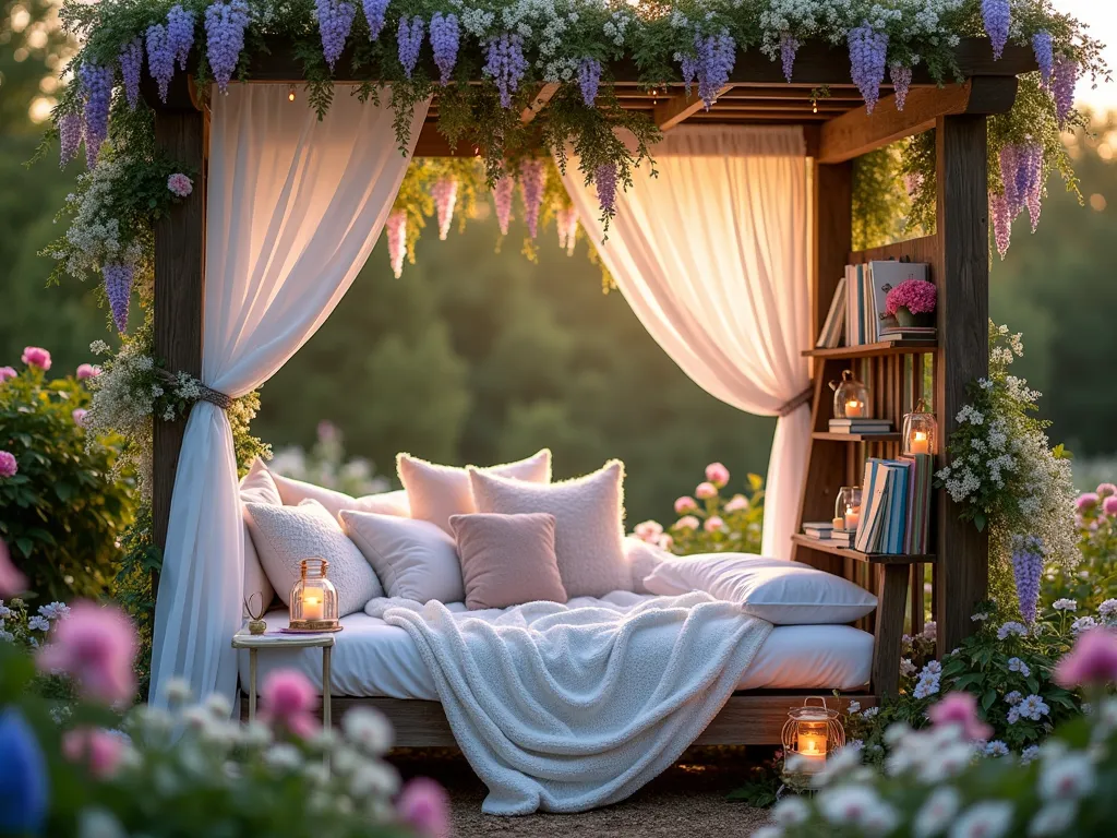 Enchanted Garden Reading Nook at Twilight - A magical twilight garden scene captured with a wide-angle lens, showing a dreamy reading nook nestled under a weathered wooden pergola draped with flowing white fabric. Cascading wisteria and climbing roses create a natural canopy, with twinkling fairy lights intertwined throughout. Plush white and pastel cushions and soft knitted blankets are arranged on a vintage wooden daybed. Children's storybooks are artfully displayed on a rustic wooden ladder shelf adorned with baby's breath and lavender sprigs. Crystal lanterns and mason jars with candles cast a warm, ethereal glow. The surrounding garden features gentle beds of pink peonies, white daisies, and blue delphiniums. Shot at golden hour with dramatic lighting filtering through the floral canopy, creating a dreamy bokeh effect. 16-35mm lens at f/2.8, ISO 400.