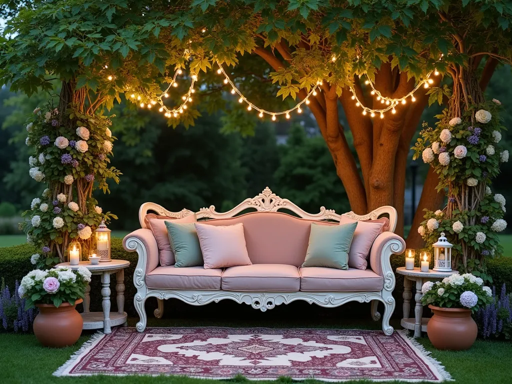 Twilight Garden Sofa Nook - A dreamy garden seating area at dusk, featuring an elegant vintage white-painted wrought iron sofa adorned with blush pink and sage green velvet cushions, nestled beneath a mature maple tree. Soft, warm-white fairy lights are delicately woven through the tree branches, creating a magical canopy overhead. Persian-style outdoor rugs define the intimate space, while weathered wooden side tables hold vintage lanterns and teacups. Surrounding the seating area are large terracotta pots filled with blooming hydrangeas, lavender, and climbing roses on decorative trellises. The scene is captured from a three-quarter angle, showing the depth of the garden nook while highlighting the interplay between the twinkling lights and lush foliage. Shot during blue hour with natural and ambient lighting creating a romantic, enchanted atmosphere. Photographed with a shallow depth of field that keeps the seating area sharp while softly blurring the garden background.