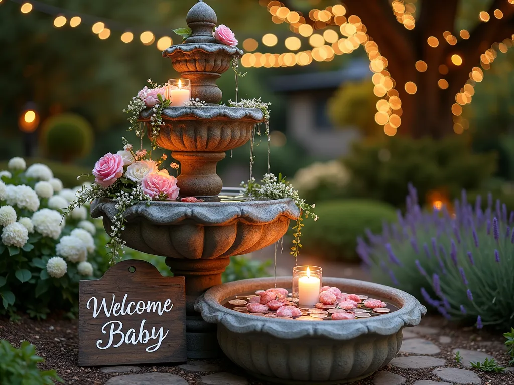 Enchanted Garden Wish Fountain at Twilight - A magical twilight scene of an ornate stone garden fountain transformed into a baby shower wishing well, photographed with a 16-35mm lens at f/2.8, ISO 400. The three-tiered fountain is adorned with delicate pink and white roses, baby's breath, and trailing ivy. Soft, floating LED candles illuminate the water basins, creating a ethereal glow. Rose quartz stones and copper wishing coins rest on a vintage silver tray beside the fountain. Strings of warm fairy lights drape overhead between mature oak trees, casting a gentle golden glow. The surrounding garden features white hydrangeas and lavender bushes in full bloom. A weathered wooden sign reading 'Welcome Baby' with calligraphy lettering leans against the fountain base. Shot from a low angle to capture the magical atmosphere and twinkling lights reflecting in the rippling water.