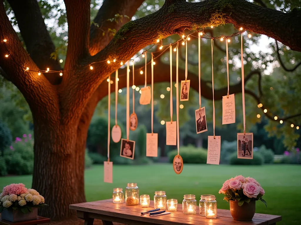 Enchanted Memory Tree at Dusk - A romantic twilight garden scene featuring a mature oak tree adorned with warm, twinkling string lights. Vintage-style photographs and handwritten notes flutter gently from silk ribbons, creating an ethereal display. The tree's sprawling branches are decorated with mason jars containing tea lights, creating a magical glow. A rustic wooden table beneath the tree holds blank cards and vintage pens for guests to write their wishes. The surrounding garden features blooming hydrangeas and garden roses in soft pastel hues. Shot from a medium-wide angle to capture the full majesty of the tree while showing intimate details of the hanging memories. The golden hour lighting combines with the string lights to create a dreamy, bokeh effect in the background. Professional DSLR photo with shallow depth of field highlighting the personal mementos while maintaining the enchanted garden atmosphere.