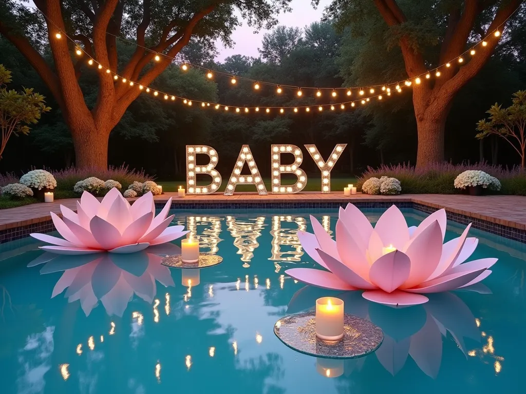 Elegant Pool Baby Shower Display at Dusk - A luxurious backyard pool scene at dusk, with oversized blush pink and white paper water lilies (24 inches wide) floating gracefully on the crystal-clear water. Large silver metallic letters spelling 'BABY' rest on transparent pool floats, creating a stunning focal point. Scattered floating glass candles in varying sizes emit a warm, golden glow across the water's surface. The pool is surrounded by manicured garden beds featuring white hydrangeas and lavender plants. String lights draped overhead between mature oak trees create a magical ambiance, their reflection dancing on the water. Shot from a slightly elevated angle to capture the entire pool layout, with the setting sun casting a soft purple and orange glow across the scene. Photographed with a dreamy, ethereal quality while maintaining sharp detail of the floating elements.