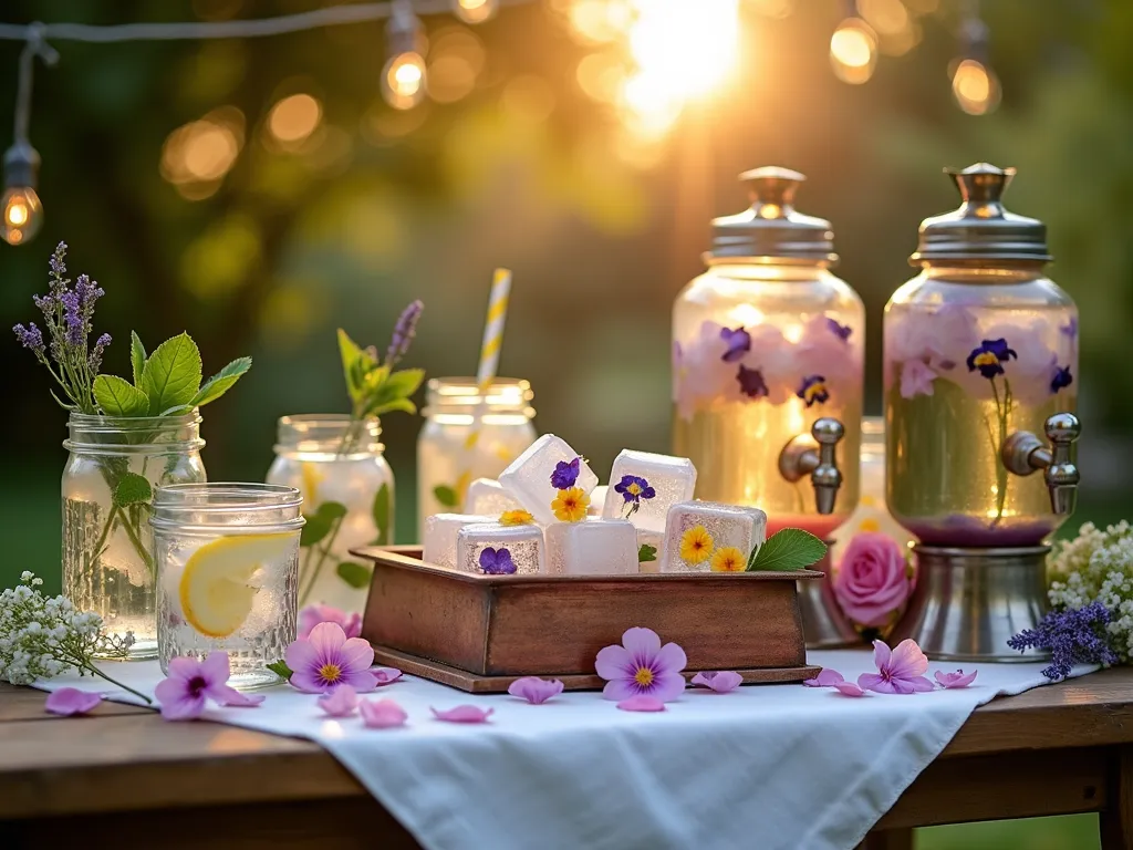 Floral Ice Cube Drink Station at Garden Baby Shower - A stunning close-up shot of an elegant garden drink station at golden hour, featuring a rustic wooden table against a blurred garden backdrop. Crystal-clear ice cubes containing delicate edible flowers (pansies, violets, and borage) float in vintage glass dispensers. A step-by-step display shows flower-freezing process in antique copper trays. Surrounding the station are mason jars filled with lavender lemonade and mint mojito mocktails, garnished with fresh garden herbs. Rose petals and baby's breath scatter the white linen tablecloth, while soft string lights twinkle overhead. Natural sunlight filters through tree branches, creating a magical atmosphere with bokeh effect.