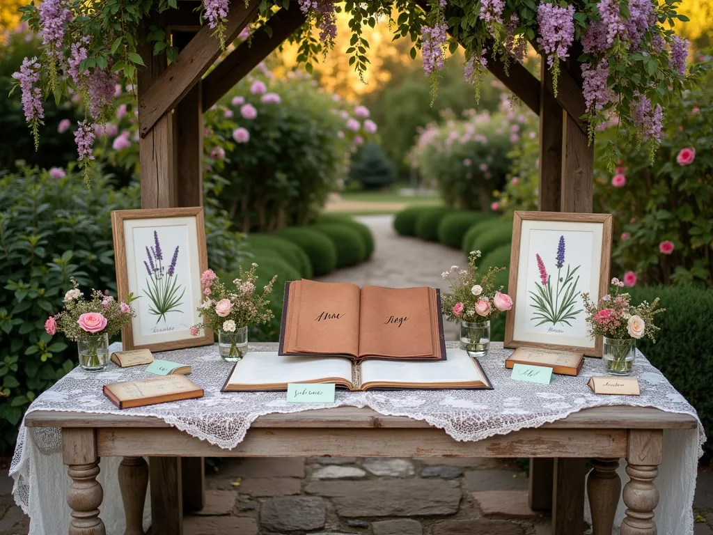 Garden Baby Names Botanical Station - A dreamy garden vignette shot at golden hour featuring a vintage wooden table set against a blooming garden backdrop. The table, draped with a delicate lace tablecloth, displays an array of framed botanical illustrations of flowers like lavender, rose, and lily, each with their name meanings elegantly calligraphed. A large leather-bound guest book adorned with pressed wildflowers sits center stage, surrounded by crystal bud vases filled with fresh garden blooms. Scattered vintage botanical reference books lie open, their pages catching the warm evening light. Hand-lettered name cards in soft sage green peek out from between the displays. The scene is set on a weathered stone patio, with climbing roses and wisteria creating a natural arch overhead, casting dappled shadows. Shot from a 45-degree angle to capture both the intimate details and the garden setting, with selective focus on the guestbook and botanical prints.