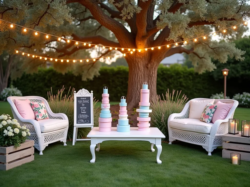 Whimsical Garden Baby Shower Game Station at Sunset - A dreamy wide-angle shot of a charming garden game station at golden hour, set on a manicured lawn. Oversized pastel pink and blue Jenga blocks are arranged on a vintage white garden table, while a decorative baby bottle ring toss game sits nearby on rustic wooden crates. A large ornate chalkboard prediction board is nestled between blooming hydrangeas and roses. Comfortable white wicker seating with plush cushions forms a cozy viewing area, adorned with soft throws and floral pillows. String lights twinkle overhead between mature oak trees, creating a magical atmosphere. Garden lanterns with flickering battery-operated candles line the pathways, while delicate paper bunting in soft pastels flutters in the breeze. The scene is backdropped by a mix of lavender plants and baby's breath, adding a soft, romantic touch to the garden setting.