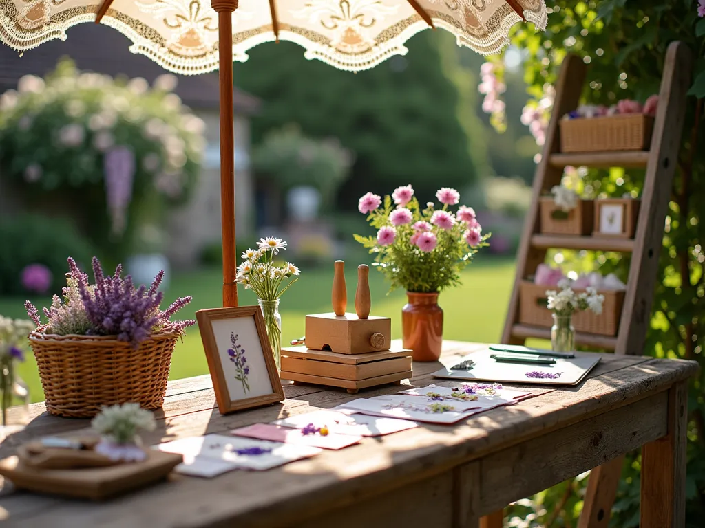 Garden Party Flower Pressing Station - Close-up shot of a rustic wooden table set on a sunlit garden patio, surrounded by blooming flowers. The table features an elegant flower pressing station with vintage wooden flower presses, delicate pressed flower examples in frames, and craft supplies neatly organized in woven baskets. Fresh garden flowers like lavender, daisies, and pansies are scattered artistically on the table. Soft afternoon sunlight filters through a white lace parasol overhead, creating magical shadows on the workspace. Crystal vases hold fresh flowers waiting to be pressed, while completed pressed flower bookmarks and cards are displayed on an antique ladder shelf nearby. The background shows a blurred English cottage garden with climbing roses and wisteria.