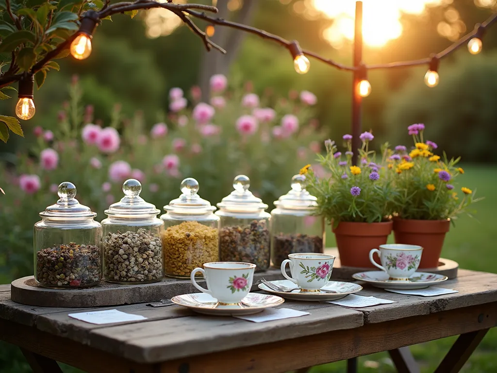 Enchanting Garden Tea Bar - A rustic wooden table set against a blooming cottage garden backdrop at golden hour, styled as an elegant herbal tea bar. The table features an array of vintage glass apothecary jars filled with colorful dried flowers and herbs, including chamomile, lavender, and mint. Delicate bone china teacups with floral patterns are arranged on antique silver trays. Fresh herbs in terracotta pots line the back of the table, while handwritten botanical cards describe tea blending instructions. Soft string lights overhead create a magical ambiance, with rose bushes and flowering herbs in the background. Shot with shallow depth of field focusing on the tea station, capturing the warm evening light filtering through the garden. DSLR, f/8, ISO 100, 1/125