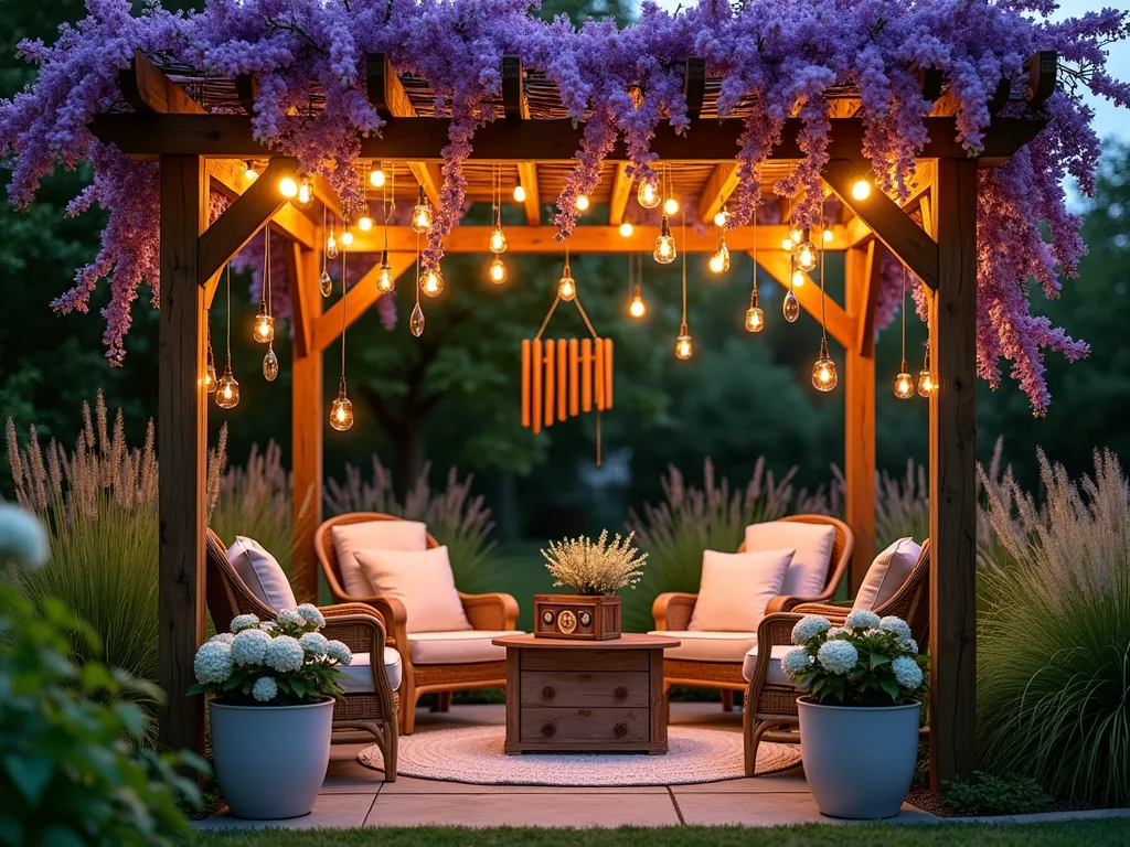 Serene Garden Music Corner at Twilight - A cozy garden nook at twilight, captured with a wide-angle lens showing a circular arrangement of plush outdoor cushions and rattan chairs nestled under a blooming wisteria-covered pergola. Delicate copper wind chimes and bamboo musical instruments hang artistically from the beams, catching the warm evening light. Crystal-clear image shows ornate wooden xylophones and suspended glass bells integrated among potted lavender and white hydrangeas. Soft LED string lights weave through the pergola, creating a magical ambiance. A vintage-style bluetooth speaker disguised in a weathered wooden box sits discreetly among natural elements. The scene is bordered by tall ornamental grasses swaying gently, with Japanese maples providing a serene backdrop. Professional lighting captures the golden hour glow while maintaining crisp detail of textures and surfaces.