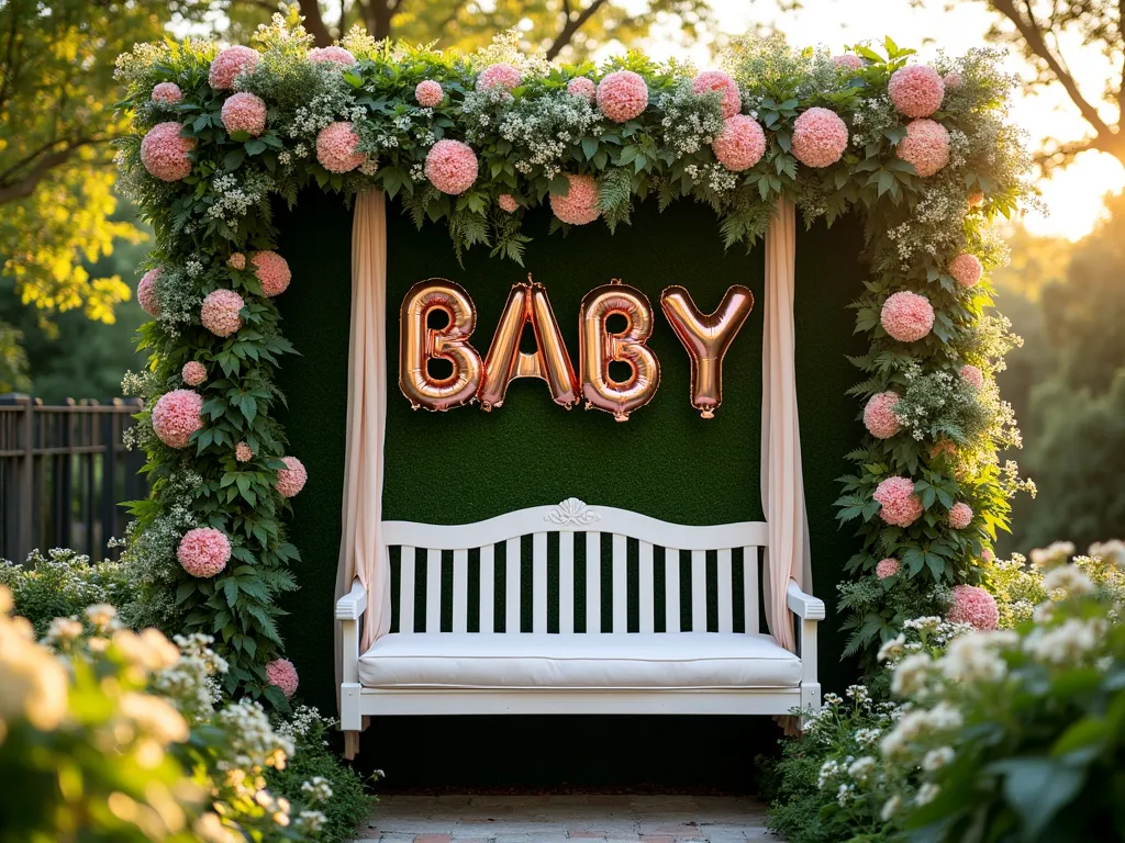 Garden Party Living Wall Photo Backdrop - A lush, vertical living wall adorned with cascading ferns, pink hydrangeas, and delicate white baby's breath, serving as an enchanting photo backdrop in a sun-dappled garden. A vintage-inspired white wooden swing hangs centrally, decorated with flowing ivory silk ribbons. Rose gold letter balloons spelling 'BABY' float elegantly above, while climbing jasmine and string lights intertwine around the frame. Shot from a medium-wide angle during golden hour, capturing the warm sunlight filtering through the foliage, creating a dreamy, romantic atmosphere perfect for a garden baby shower.