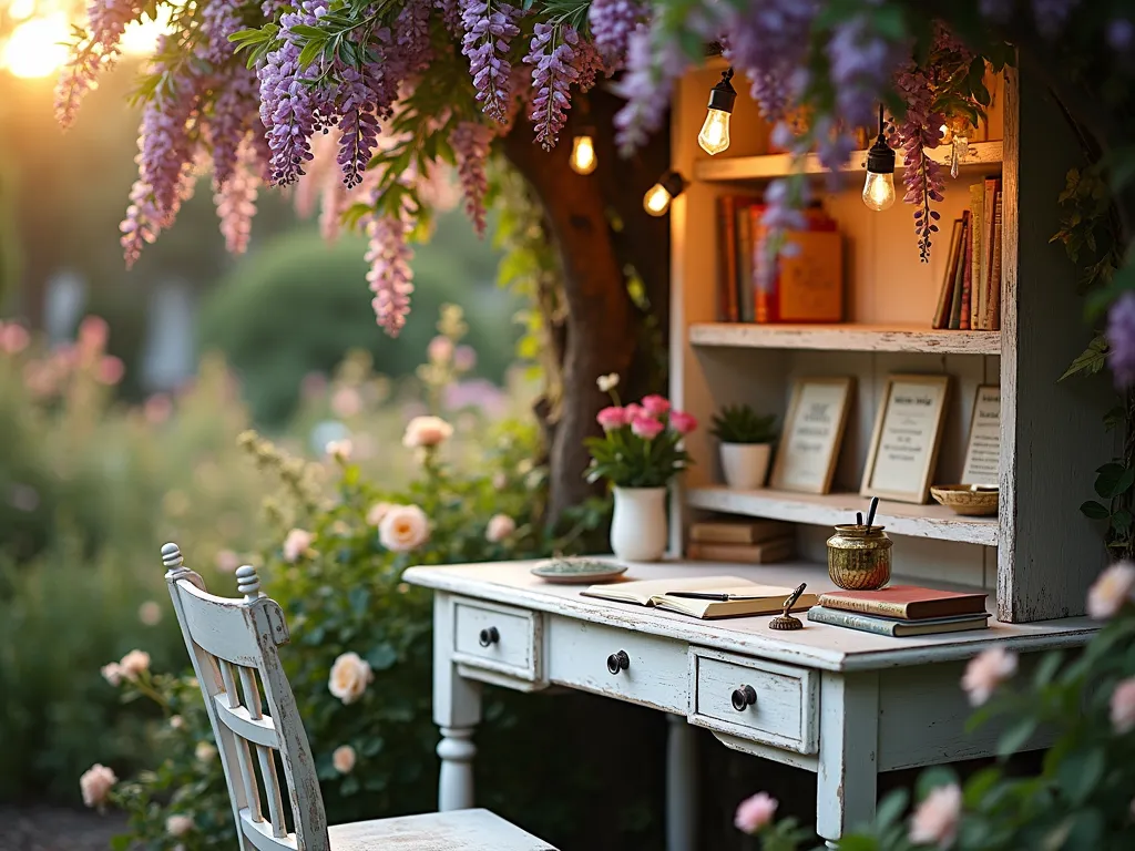 Whimsical Garden Poetry Corner at Sunset - A cozy vintage writing nook nestled in a lush garden setting at golden hour. A weathered white wooden desk sits beneath a flowering wisteria-covered pergola, with soft twinkle lights strung overhead. Antique brass writing accessories and cream-colored stationery are artfully arranged on the desk. Surrounding the nook are blooming English roses, lavender, and delphinium creating a dreamy atmosphere. Vintage children's books and framed nursery rhymes are displayed on a rustic ladder shelf. Shot with shallow depth of field focusing on the intimate writing space, with bokeh effects from the setting sun filtering through the wisteria blooms. The scene is captured from a medium-wide angle to show both the writing nook and its garden context.