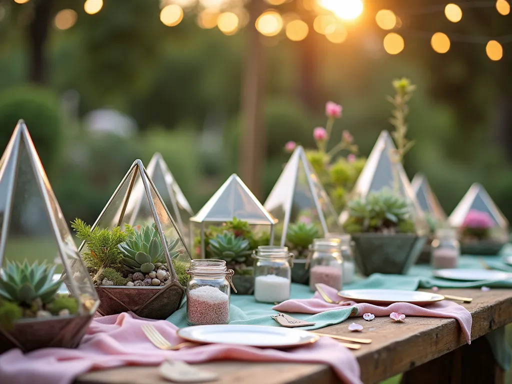 DIY Garden Terrarium Station at Baby Shower - A dreamy outdoor garden terrarium-making station photographed during golden hour. A rustic wooden table set against a blurred garden backdrop features an artfully arranged collection of clear glass terrariums in various geometric shapes. The table is decorated with soft pink and mint green runners, with scattered rose petals. Multiple organized sections contain colorful succulents, air plants, moss, white and rose gold decorative stones, and layers of pastel-colored sand in mason jars. Handwritten botanical-style instruction cards and personalized kraft paper tags with baby's breath accents are elegantly displayed. Soft string lights overhead create a magical ambiance, with bokeh effects in the background. Several completed terrariums showcase different artistic arrangements, demonstrating possibilities for guests. The scene is captured from a 45-degree angle, highlighting the intimate workshop setting while showing the broader garden context.