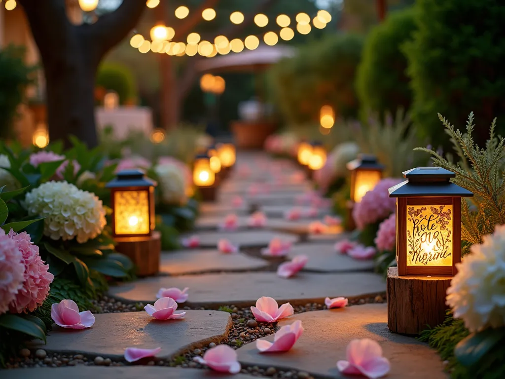 Illuminated Garden Path Timeline at Dusk - A serene garden path at dusk, winding through a lush backyard garden. Solar-powered lanterns line both sides of the stone pathway, casting a warm, enchanting glow. Elegant wooden stakes with gold-framed photos and dates are artfully placed along the path, each illuminated by subtle uplighting. Fresh rose petals in soft pink and white are scattered along the stones. The path is bordered by blooming hydrangeas and lavender, creating a romantic atmosphere. The background shows string lights draped between mature trees, and a glimpse of a decorated party area. Shot from a low angle with selective focus, capturing the dreamy golden hour lighting and the depth of the garden. Professional DSLR photo with pristine clarity and bokeh effect.