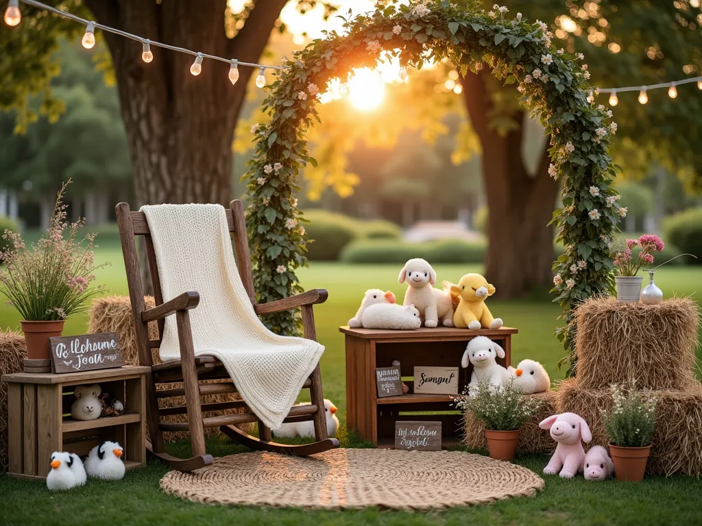 Rustic Garden Baby Animal Photo Station at Sunset - A charming garden corner at golden hour, featuring a weathered wooden rocking chair draped with a soft cream knit blanket, surrounded by vintage wooden crates and artfully arranged hay bales. Adorable plush farm animals, including baby lambs, piglets, and chicks, are nestled among wildflowers and rustic wooden signs with whimsical lettering. String lights are gracefully draped overhead between mature oak trees, casting a warm glow. The scene is set against a backdrop of climbing roses and vintage farmhouse-style decor, with a natural wood arch decorated with eucalyptus garlands and baby's breath. Wide-angle perspective captures the entire whimsical setup while maintaining intimate garden party atmosphere.