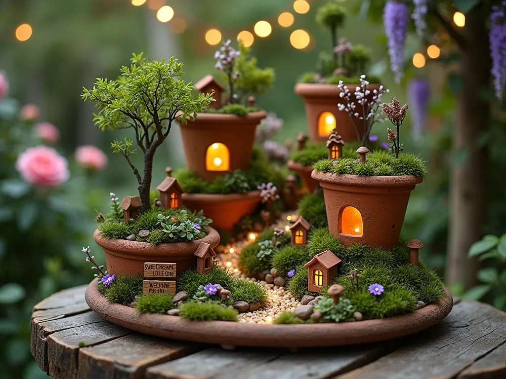 Enchanting Twilight Fairy Garden Display - A dreamy close-up shot of an elaborate miniature fairy garden display at dusk, set on a rustic wooden garden table. The display features multiple levels of weathered terracotta containers filled with living moss, tiny succulents, and miniature ferns. Delicate fairy houses with glowing windows are nestled among the greenery, connected by winding pebble pathways lined with tiny mushrooms and flowers. Delicate copper wire trees with crystal leaves catch the light, while miniature lanterns and warm LED string lights create a magical twilight ambiance. Small wooden signs with gold lettering display baby wishes like 'Sweet Dreams Little One' and 'Welcome to the World.' The background shows a soft-focused garden setting with climbing roses and wisteria, creating a magical backdrop. Shot with shallow depth of field to emphasize the enchanting details.