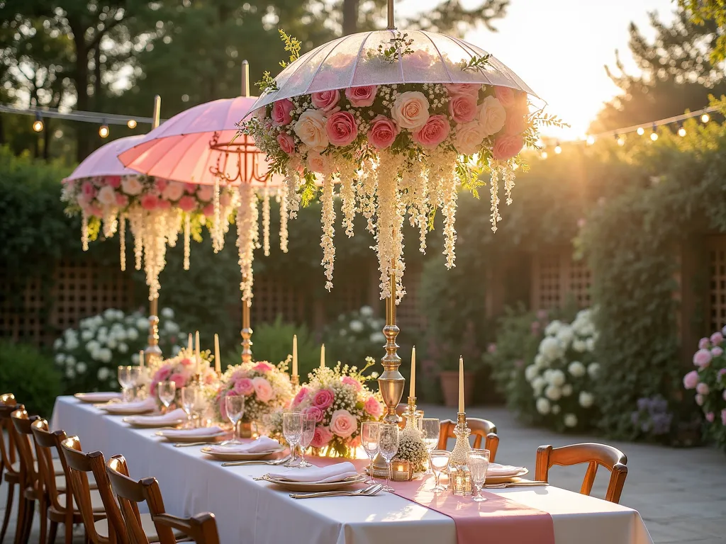 Enchanting Umbrella Floral Display at Garden Baby Shower - A magical garden party setting at golden hour, featuring vintage pastel-colored umbrellas suspended at varying heights above an elegant outdoor dining table. The umbrellas are transformed into stunning floral installations, overflowing with cascading pink garden roses, white peonies, baby's breath, and delicate wisteria. Soft natural light filters through the translucent flowers, creating ethereal shadows on the white tablecloth below. The scene is set on a spacious stone patio surrounded by blooming hydrangea bushes and climbing roses on lattice walls. Crystal chandeliers hang alongside the umbrella installations, while string lights weave between them, creating a dreamy atmosphere. Shot with dramatic depth of field capturing both the intricate details of the floral arrangements and the entire enchanted garden setting. Photographed using natural golden hour lighting with a slight lens flare for added romance.