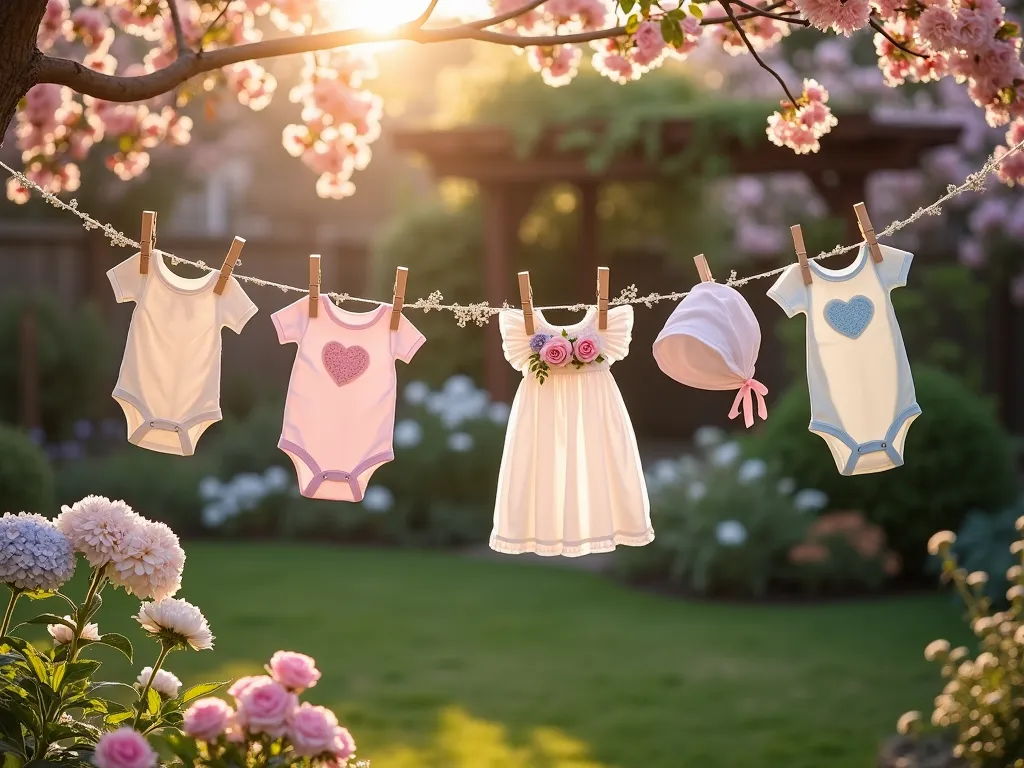 Whimsical Garden Baby Clothesline Display - A charming backyard garden scene at golden hour, shot at f/2.8 with a 16-35mm lens, capturing a vintage-inspired baby clothes clothesline strung between two flowering cherry blossom trees. Delicate white and pastel-colored onesies, bonnets, and tiny dresses gently sway in the breeze, illuminated by warm, filtered sunlight. Wooden clothespins adorned with pink and blue satin ribbons secure the garments. Fresh garden roses, lavender sprigs, and baby's breath are artfully woven between the clothing items. String lights are draped above the clothesline, creating a magical ambiance. The foreground features a lush garden bed with blooming hydrangeas and peonies, while a rustic wooden pergola covered in climbing roses appears softly blurred in the background. Natural bokeh effect highlights the dreamy atmosphere.