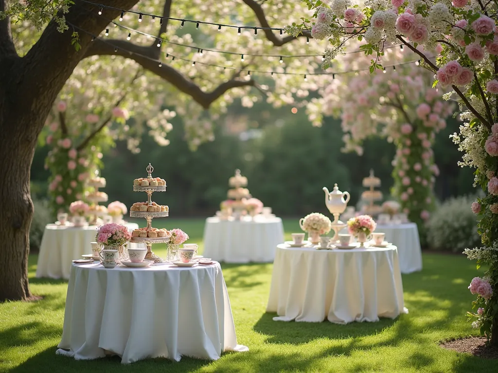 Vintage Garden Tea Party Baby Shower Setting - A dreamy afternoon garden scene with dappled sunlight filtering through flowering cherry trees onto an elegant arrangement of vintage-style tea party settings. Multiple round tables dressed in crisp white linen tablecloths are scattered across a manicured lawn. Each table features an eclectic collection of pastel-colored vintage teacups, fine bone china saucers, and ornate silver three-tiered cake stands filled with delicate finger sandwiches and petit fours. Crystal vases and antique teapots overflow with fresh garden roses, hydrangeas, and baby's breath. Soft pink garden roses climb nearby trellises, while string lights hang overhead between mature trees, creating a magical atmosphere. The scene is captured from a slightly elevated angle, showing the romantic layout of multiple table settings within the enchanted garden space, with a soft depth of field.