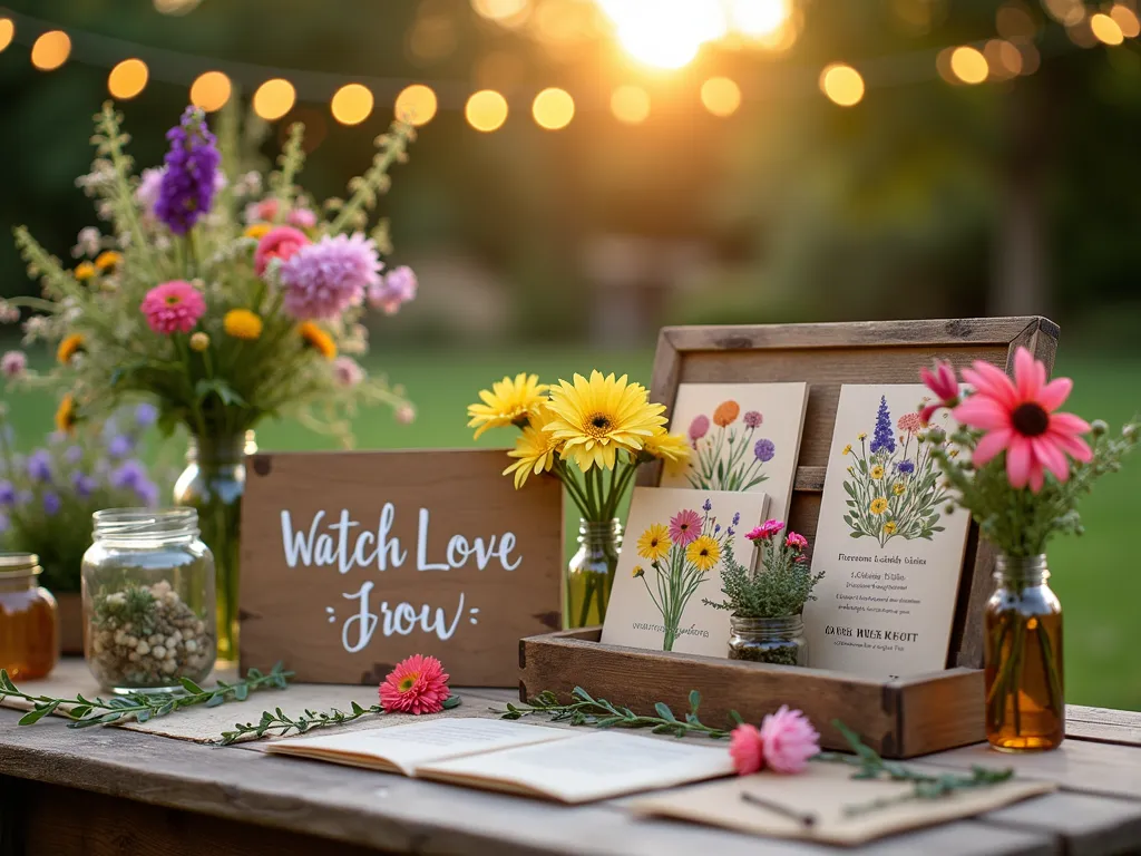 Enchanting Wildflower Seed Favor Display - Close-up shot of an elegantly styled garden table at golden hour, featuring a vintage wooden display with delicate glass jars filled with colorful wildflower seeds. Custom kraft paper seed packets adorned with botanical illustrations and calligraphy are artfully arranged alongside fresh wildflowers in mason jars. A rustic wooden sign reads 'Watch Love Grow' while pressed flower frames and planting instructions on aged parchment add charm. Soft bokeh effect from string lights illuminate the scene, with a blurred background showing a lush garden setting. Shot with shallow depth of field highlighting the intricate details of the display. 16-35mm lens at f/2.8, ISO 400