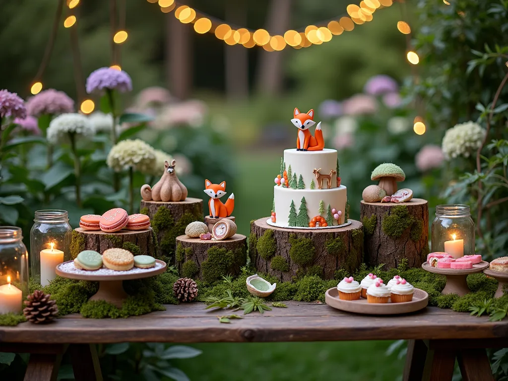 Enchanted Woodland Dessert Display in Garden - A magical garden dessert display at dusk, photographed with a wide-angle lens capturing a rustic wooden table set against a backdrop of blooming hydrangeas and twinkling fairy lights. The table features multiple moss-covered tree stump platforms of varying heights, displaying forest-themed desserts. A stunning three-tier cake decorated with fondant foxes, deer, and woodland mushrooms takes center stage. Surrounding treats include owl-shaped macarons, leaf-shaped sugar cookies dusted with edible gold, and cupcakes topped with hedgehog designs. Natural elements like pine cones, scattered moss, and delicate ferns frame the display. Soft, warm lighting from mason jar lanterns creates an ethereal atmosphere, while string lights draped overhead add a magical touch. The composition shows careful attention to depth with the dessert display in sharp focus while the garden setting creates a dreamy bokeh effect in the background.