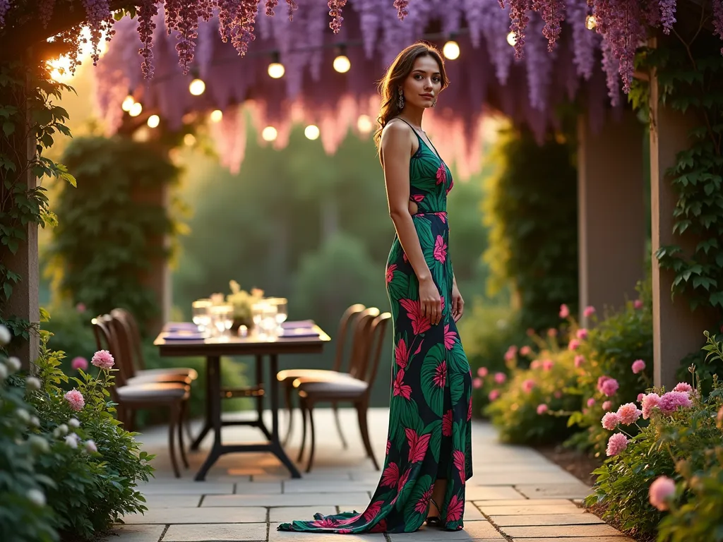 Asymmetrical Floral Garden Party Elegance - Elegant garden party scene at golden hour, featuring a woman in a stunning asymmetrical dress with oversized botanical prints of monstera leaves and tropical flowers in rich emerald and fuchsia. She stands on a natural stone patio surrounded by lush garden borders filled with flowering hydrangeas and climbing roses. The dress's modern, angular cut creates dramatic shadows in the warm evening light, while string lights twinkle overhead between pergola beams. A vintage wrought iron table set with fine china and champagne flutes sits in the soft-focused background, with cascading wisteria creating a romantic purple canopy overhead. Captured in a medium-wide shot that shows both the architectural details of the dress and the garden setting, with shallow depth of field emphasizing the dress's bold botanical pattern.