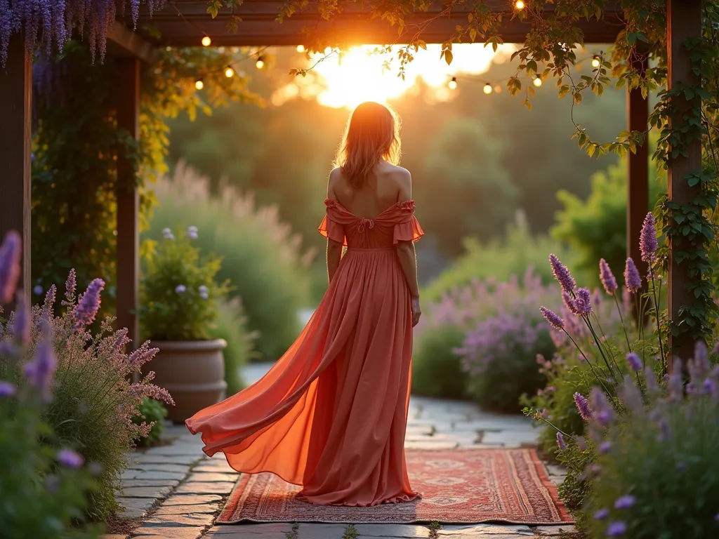 Bohemian Garden Soirée at Sunset - A dreamy garden scene at golden hour, featuring a woman in a flowing off-shoulder maxi dress in soft terracotta tones. The dress's ethereal fabric catches the evening breeze against a backdrop of a lush cottage garden. Medium-wide shot showing her standing on a vintage Persian rug laid on a weathered stone patio, surrounded by blooming lavender, wild roses, and swaying ornamental grasses. String lights twinkle overhead between wooden pergola beams draped with climbing wisteria. Soft bokeh effect with sunset filtering through the foliage, creating a magical, romantic atmosphere. The dress's billowing sleeves and skirt echo the natural movement of the garden elements.