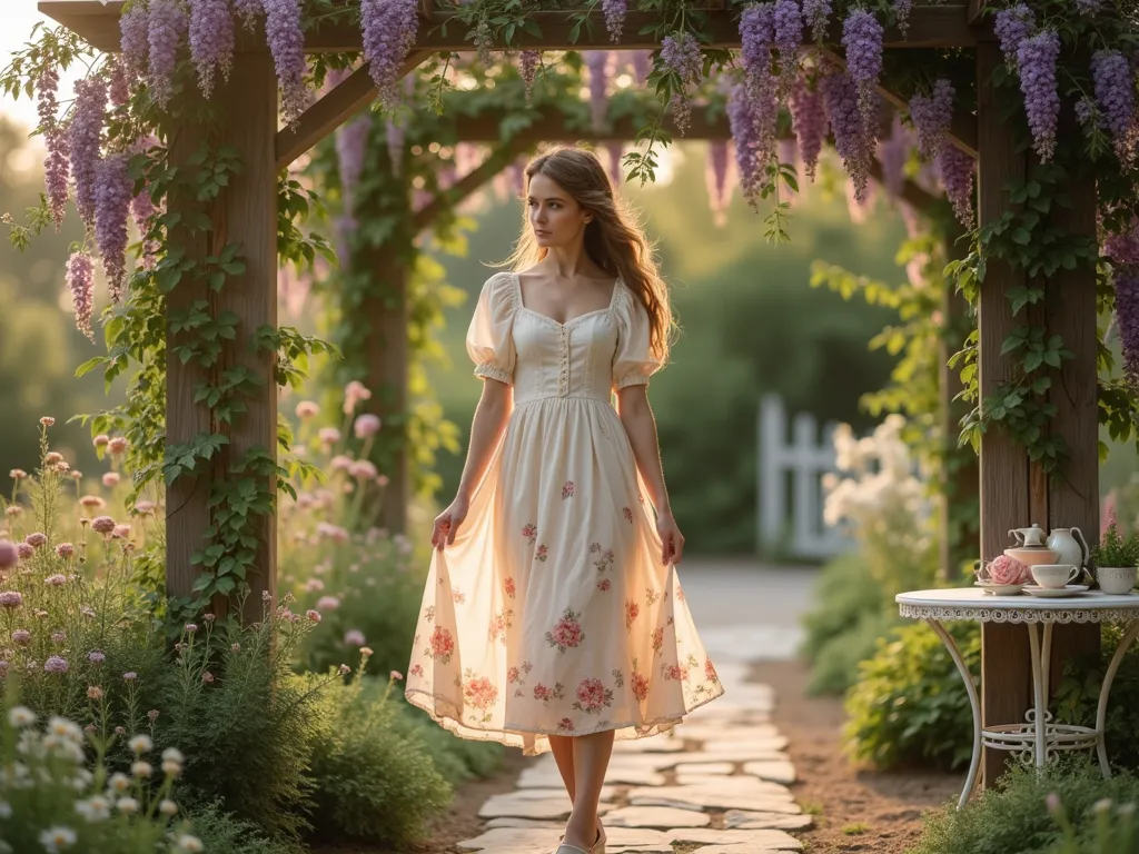 Romantic Cottagecore Garden Tea Party - A dreamy late afternoon garden scene featuring a young woman in a flowing cream-colored prairie dress with puff sleeves and delicate pink floral patterns, standing elegantly on a rustic stone pathway. The dress's empire waist and midi length move gracefully in a gentle breeze. She's surrounded by an enchanting English cottage garden with climbing roses, lavender bushes, and wild daisies. A vintage wooden pergola draped in wisteria frames the scene, while scattered vintage teacups and a distressed white iron table add countryside charm. Soft golden hour lighting filters through the foliage, creating a romantic, ethereal atmosphere. Shot from a medium-wide angle to capture both the dress details and the garden setting. Photorealistic, cinematic lighting, pastoral aesthetic.