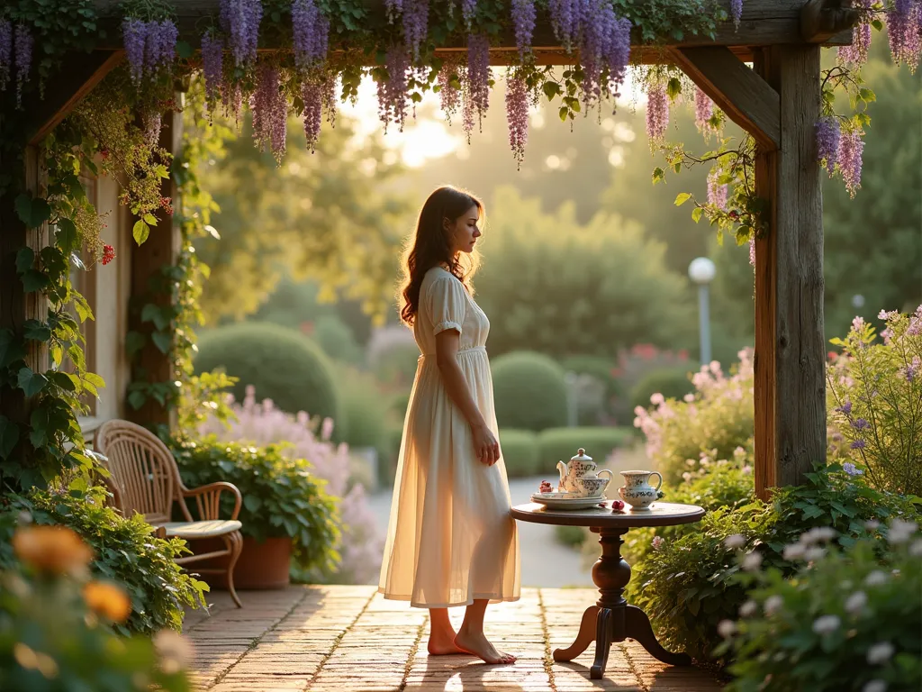 Eco-Friendly Garden Party Elegance - A soft, late afternoon garden scene captured with a medium shot, featuring a woman in a flowing organic cotton smock dress in natural ivory. The dress's relaxed silhouette catches the golden hour light as she stands on a vintage brick patio surrounded by climbing roses and lavender. The dress's sustainable fabric texture is highlighted against lush greenery, with a rustic wooden pergola draped in wisteria providing a dreamy backdrop. A vintage tea table with botanical-inspired settings sits nearby, while butterfly bushes and cottage garden flowers create a romantic atmosphere. Shot with shallow depth of field to emphasize the dress's eco-friendly fabric details while maintaining the garden's ethereal ambiance. f/8, ISO 100, 1/125 sec, creating a perfect balance between subject clarity and environmental context.