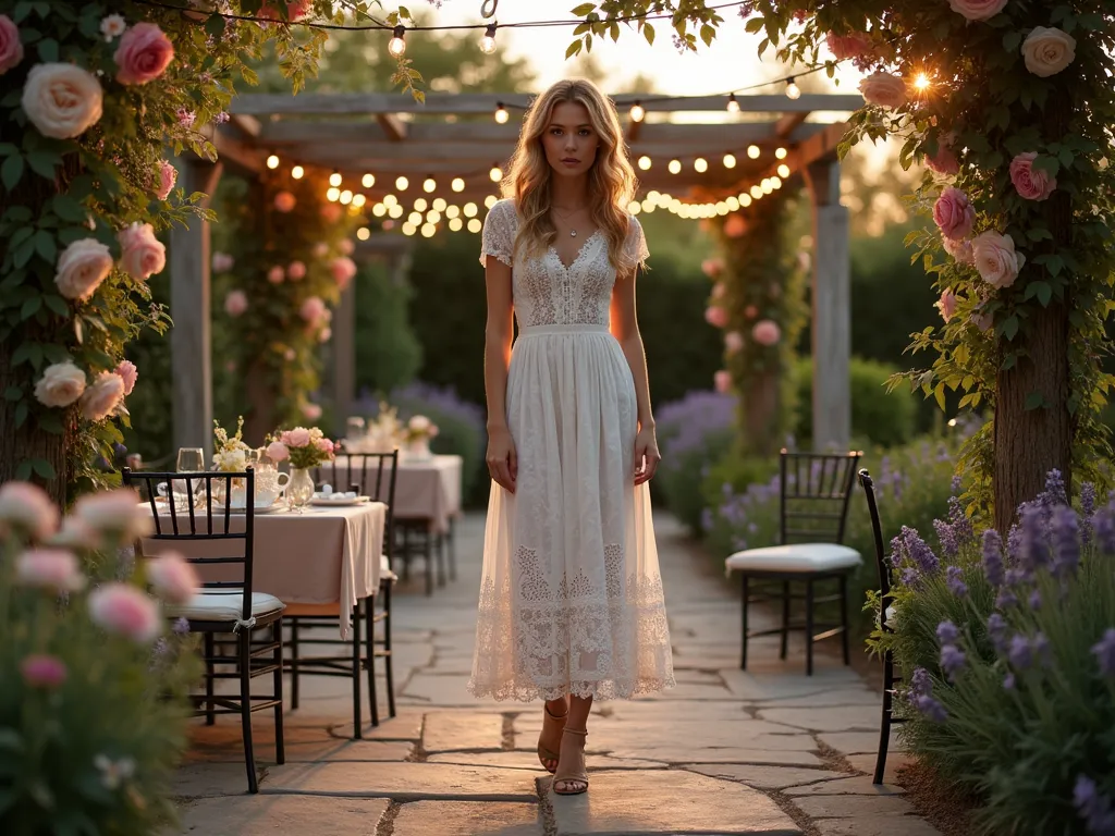 Elegant Garden Party Eyelet Dress at Dusk - A stunning wide-angle shot of a vintage-inspired garden party scene at dusk, centered on a woman wearing a pristine white eyelet midi dress with delicate cutwork patterns. She stands gracefully on a weathered stone patio surrounded by blooming English roses and lavender. Soft string lights are draped overhead between classic garden pergolas, creating a magical ambient glow. The dress catches the golden hour light, highlighting its sophisticated details against the backdrop of a meticulously manicured garden. Climbing roses and wisteria frame the scene, while vintage-style wrought iron furniture and delicate china tea settings complete the elegant garden party atmosphere. The composition captures both the timeless elegance of the dress and the enchanting garden setting.