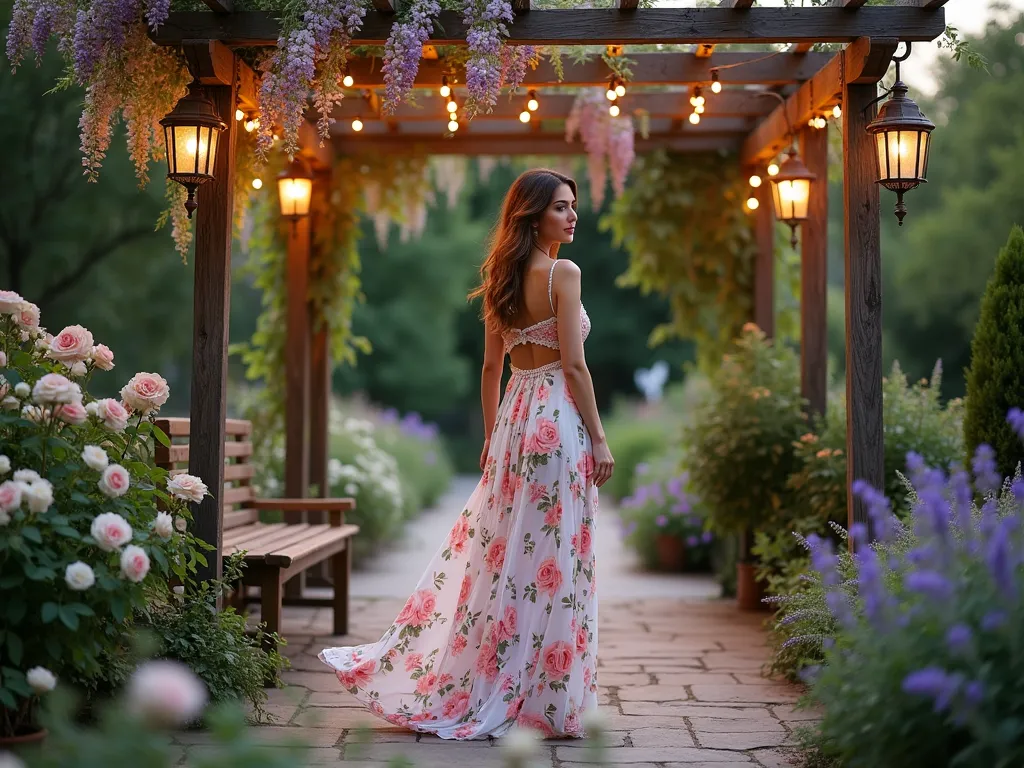 Elegant Garden Party Floral Maxi Dress - A romantic twilight garden scene featuring a woman in a flowing ankle-length maxi dress with oversized pastel roses and hydrangea prints, delicate ruffled details cascading down the skirt. She stands gracefully on a vintage stone patio surrounded by blooming English roses, lavender bushes, and climbing wisteria. Soft garden string lights twinkle overhead between weathered wooden pergola beams, while antique bronze lanterns cast a warm glow. The dress fabric catches the evening breeze, creating ethereal movement against the backdrop of a lush cottage garden. Shot from a medium-wide angle to capture both the dress details and the enchanting garden setting, with a shallow depth of field that softly blurs the garden background.