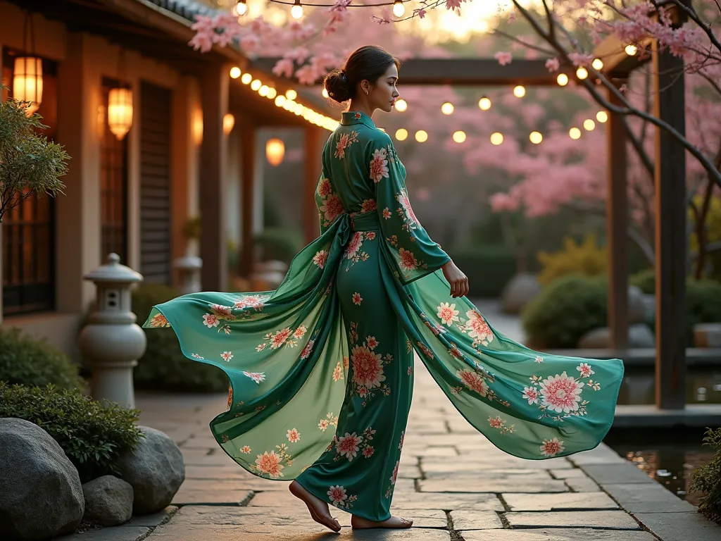 Elegant Kimono Garden Soirée - A stunning dusk garden scene featuring a woman in a flowing silk kimono-style dress adorned with delicate cherry blossoms and chrysanthemum prints. She stands gracefully on a natural stone patio surrounded by blooming Japanese maples and ornamental bamboo. The dress's rich emerald and gold fabric catches the warm evening light, creating ethereal movement against the backdrop of a traditional Japanese-inspired garden. Soft string lights twinkle overhead between wooden pergola beams, while stone lanterns cast a gentle glow on the surrounding koi pond. The composition is shot from a three-quarter angle to capture both the dress's dramatic movement and the serene garden setting, with selective focus on the intricate botanical details of the kimono dress.